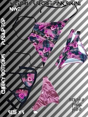 HTF Victoria's Secret Pink Begonia Floral Pushup Halter Ruched Cheeky Bikinis XS